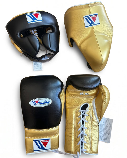 Winning Black/Gold 3-piece boxing sparring set with lace-up gloves, FG-2900 headgear, and CPS-500 groin guard