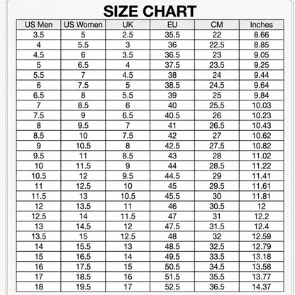 A size chart table with columns labeled US Men, US Women, UK, EU, CM, and Inches, headed by the title 'SIZE CHART'.