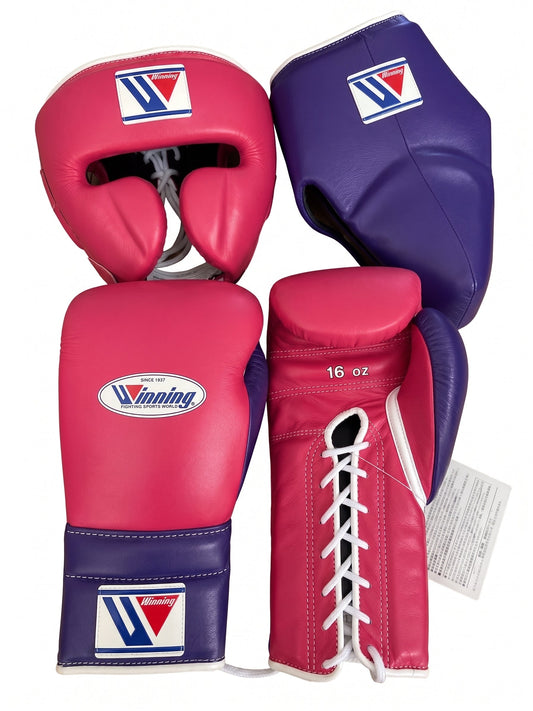 Winning Pink/Purple 3-piece boxing sparring set with lace-up gloves, FG-2900 headgear, and CPS-500 groin guard