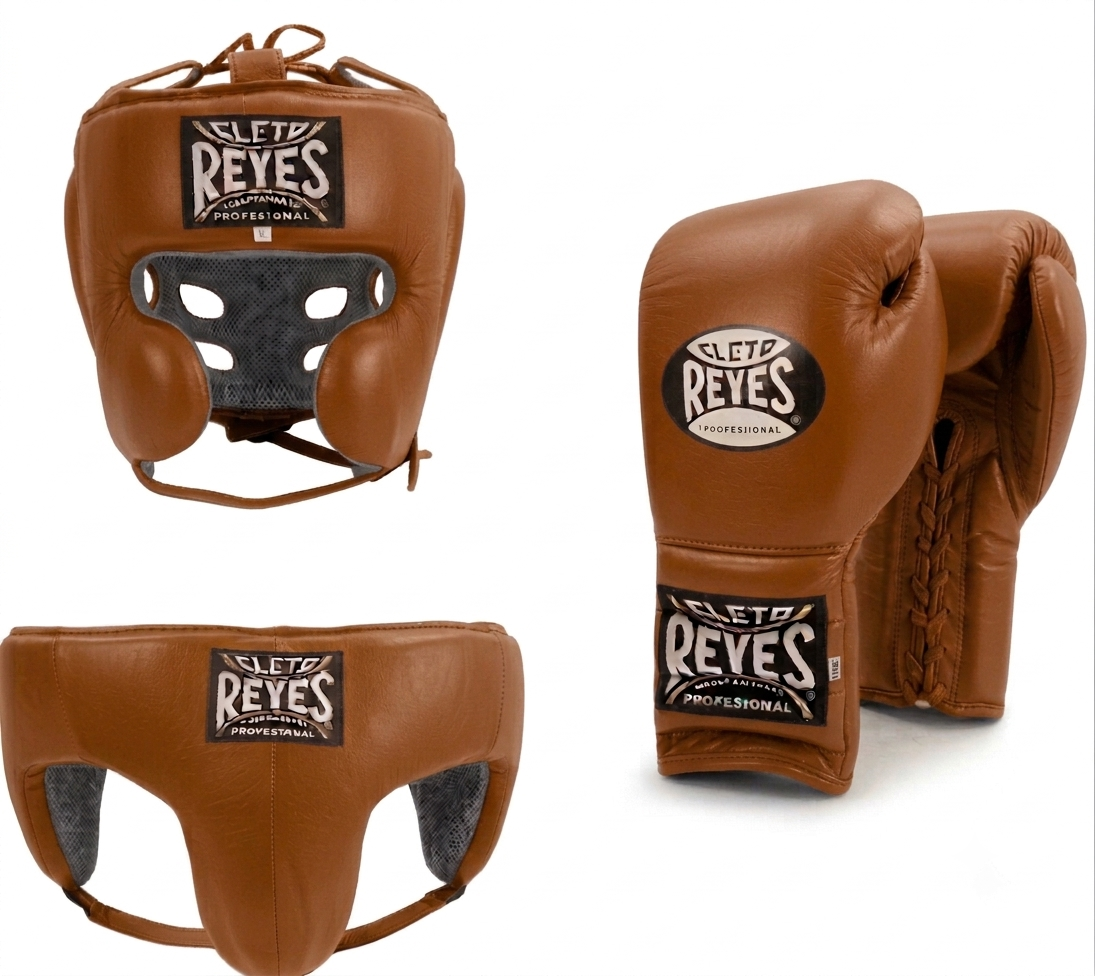 Cleto Reyes Leather Brown 3-piece boxing sparring set with lace-up gloves, headguard, and groinguard