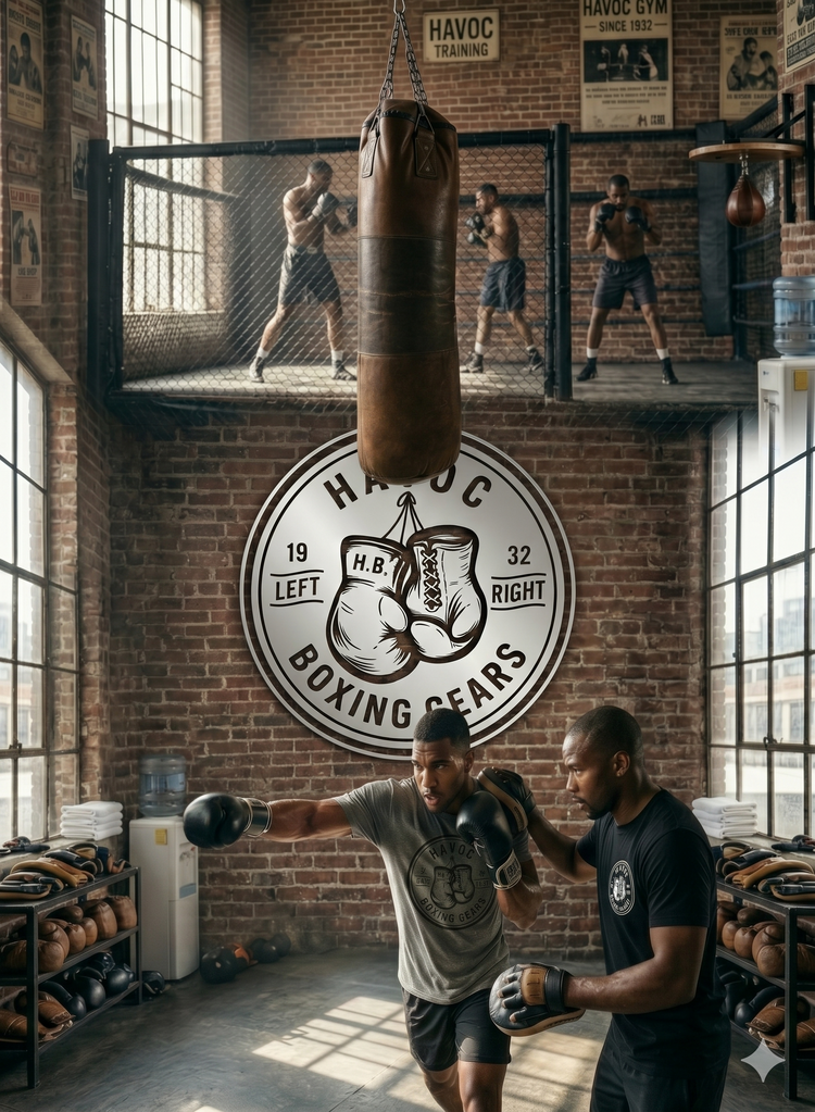 An interior portrait photograph of a traditional, multi-level boxing gym with exposed brick walls and large industrial windows, split into two stacked scenes. The upper scene, viewable through a wire-mesh fence on an elevated level, shows three shirtless boxers training: one sparring with gloves on the left and two others standing on the right. Vintage posters, including one with 'HAVOC TRAINING' and another with 'HAVOC GYM Since 1932', hang on the upper brick walls. A speed bag on a platform and a chain-li