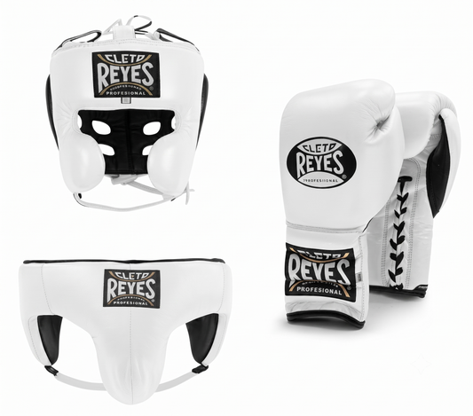 Classic white Cleto Reyes fight set with white boxing gloves, headguard and groinguard