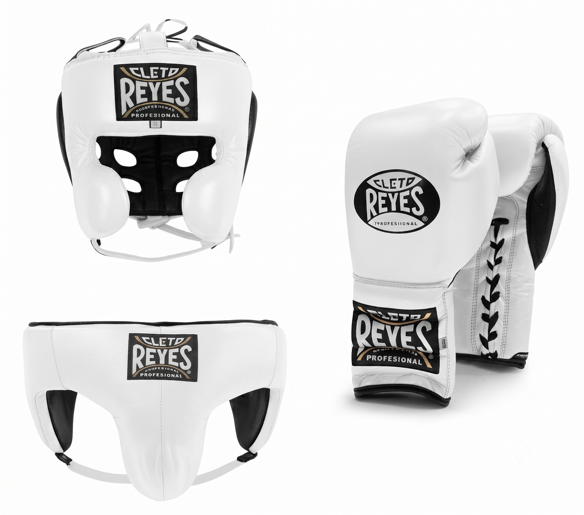 Cleto Reyes Classic White 3-piece boxing sparring set with lace-up gloves, headguard, and groinguard
