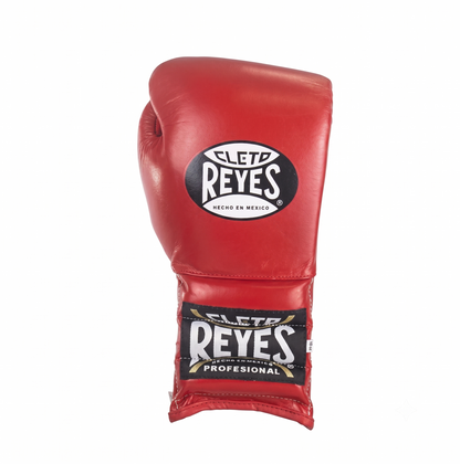 Single Cleto Reyes red leather boxing glove with brand logo on back and wrist strap