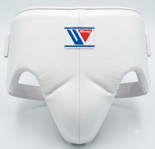 Winning CPS-500 Crisp White boxing groin guard with brand logo patch
