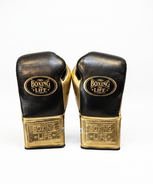 No Boxing No Life Black/Metallic Gold Boxing Gloves | 8oz-16oz Elite Lace-Up Training Gloves