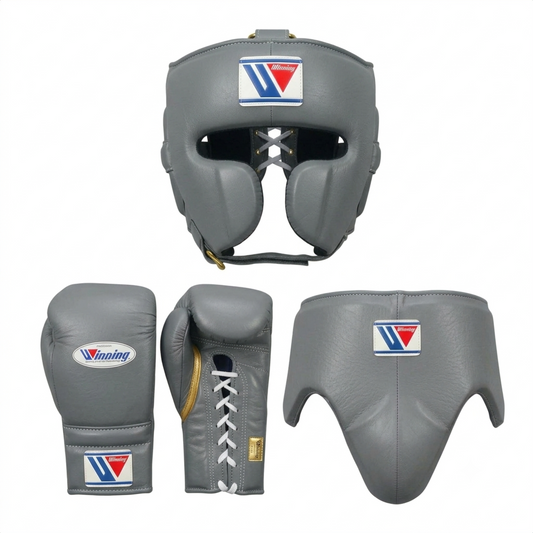Winning Gray 3-piece boxing sparring set with lace-up gloves, FG-2900 headgear, and CPS-500 groin guard