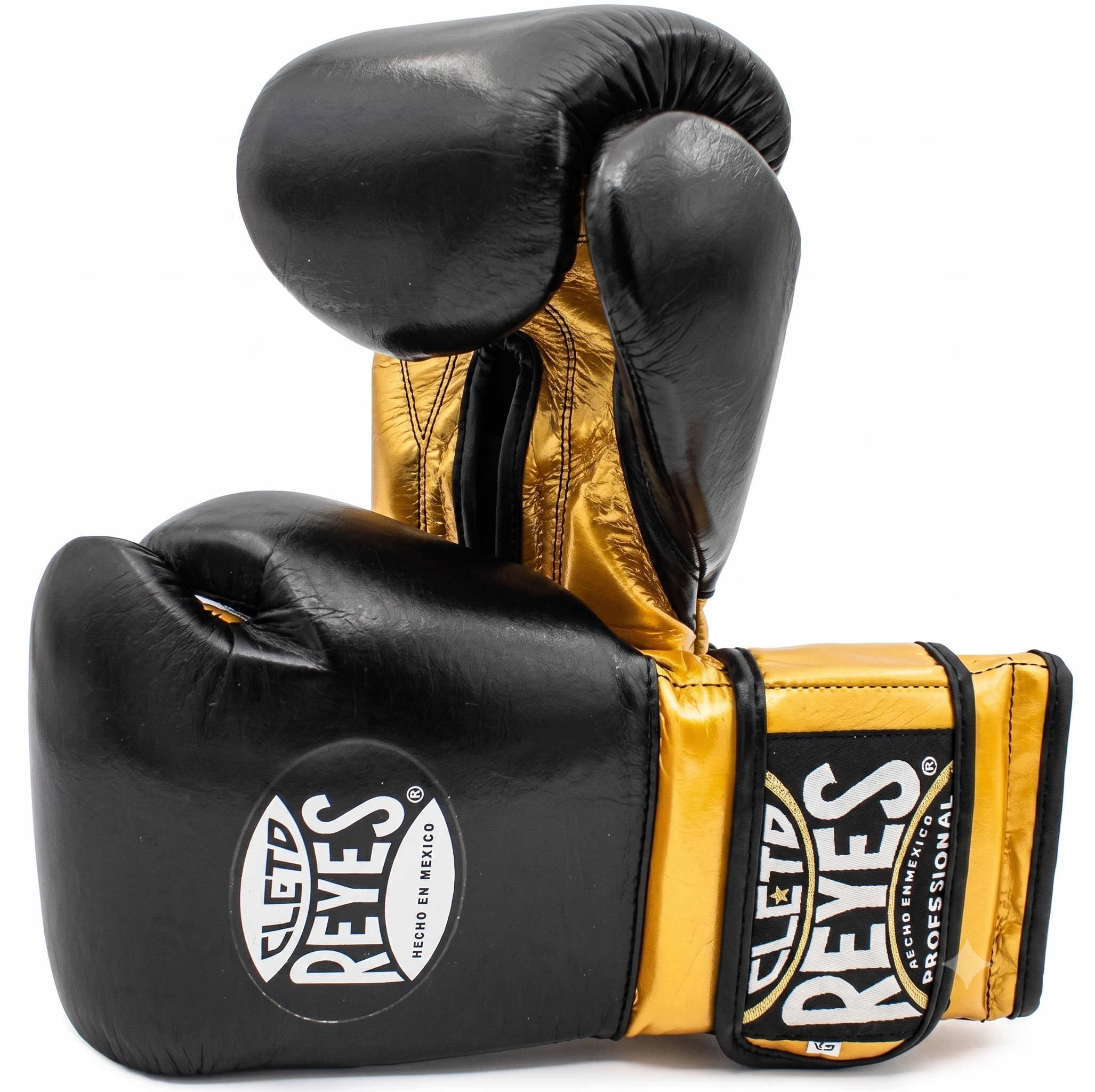 Cleto Reyes black and metallic gold leather boxing gloves side view