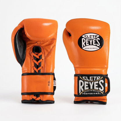 Cleto Reyes Orange Velcro training boxing gloves with black accents front and side view