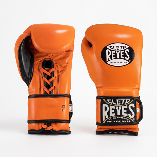 Cleto Reyes Orange Velcro training boxing gloves with black accents front and side view