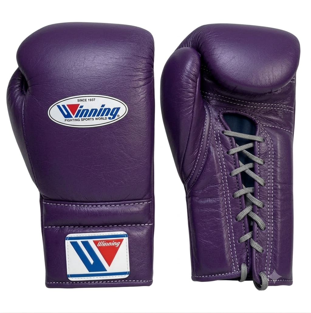 Two purple leather boxing gloves shown side by side on a white background, one showing the front with a visible Winning logo patch and the other showing the laces and inner side.