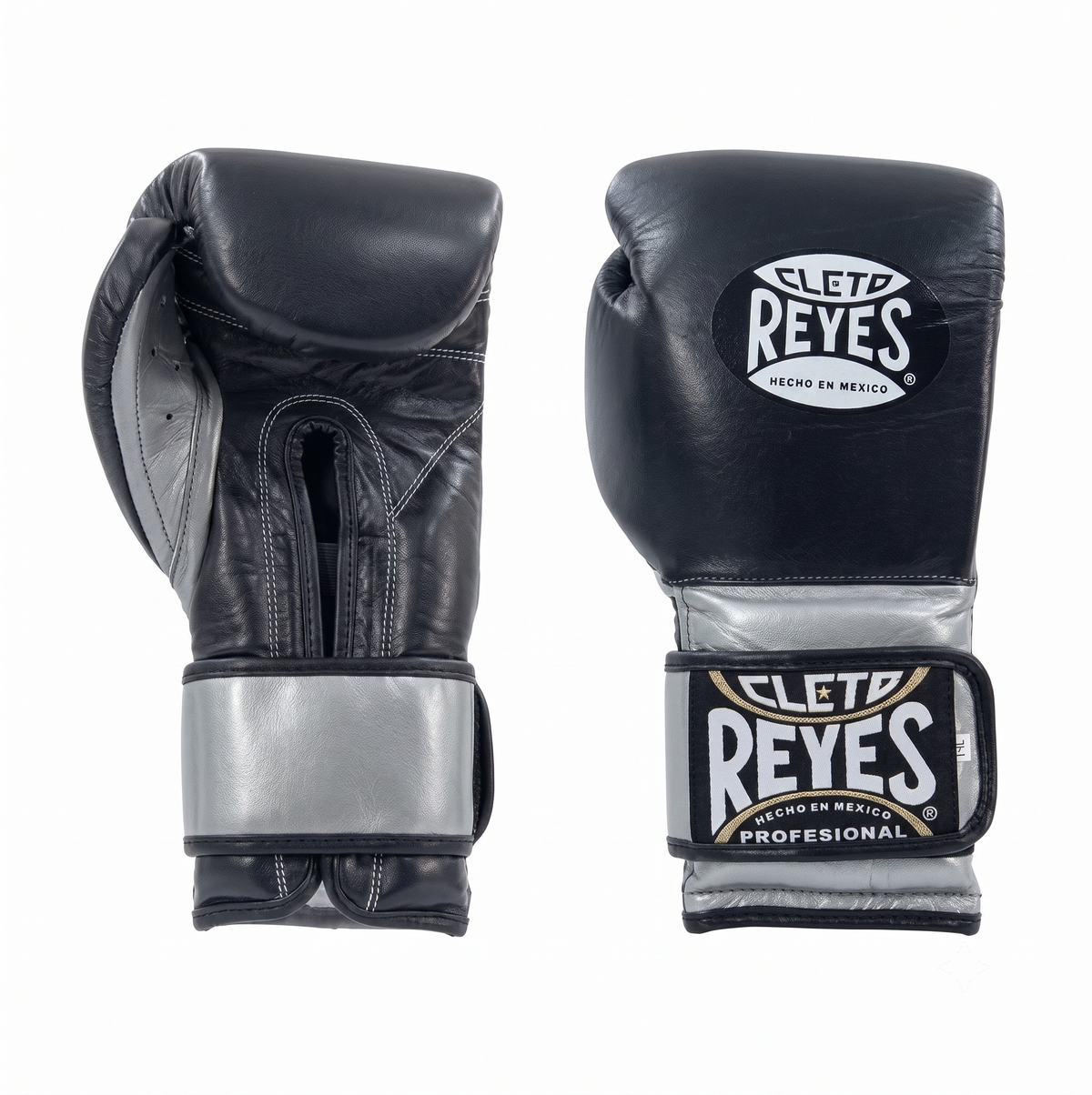 Cleto Reyes Black and Metallic Silver Velcro training boxing gloves front and side view pair