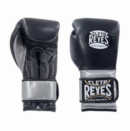Cleto Reyes Black and Metallic Silver Velcro training boxing gloves front and side view pair