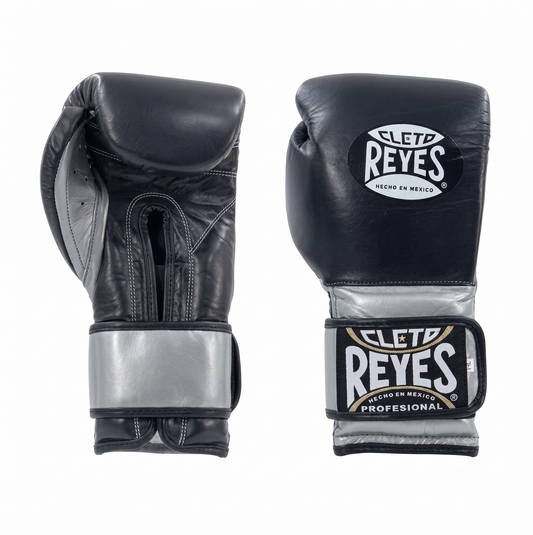 Cleto Reyes Black and Metallic Silver Velcro training boxing gloves front and side view pair