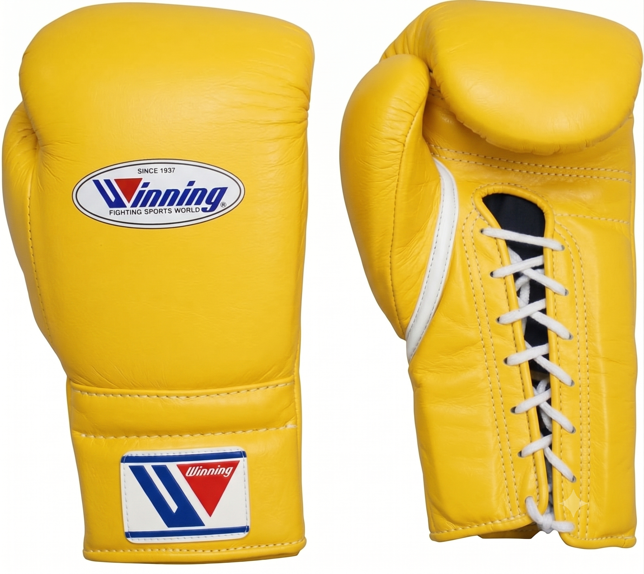 A pair of yellow leather boxing gloves shown on a white background, displaying the front logo patch and the lace-up closure on the back.