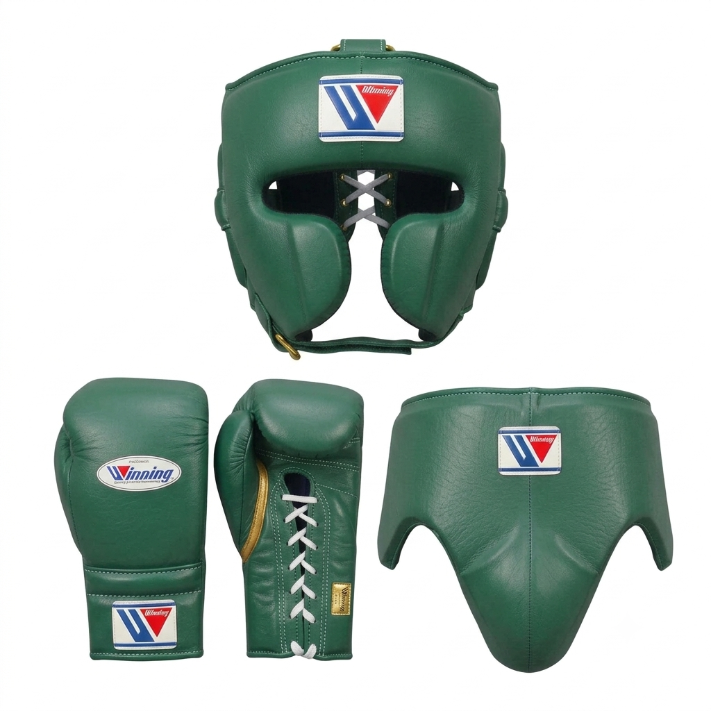 Green boxing gear set including a headguard, gloves, and a waist guard, shown on a plain white background. The brand logo 'Winning' is visible on the gear.