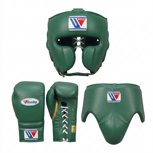 Winning Metallic Green 3-piece boxing sparring set with lace-up gloves, FG-2900 headgear, and CPS-500 groin guard