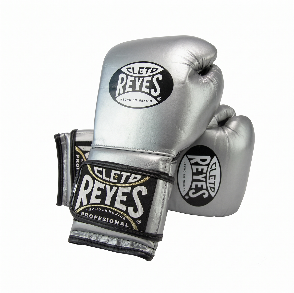 Cleto Reyes metallic silver boxing gloves pair with black and white branding