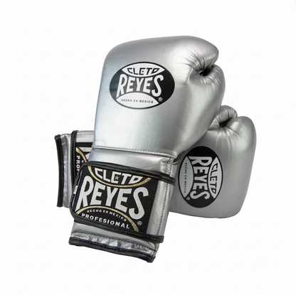 Cleto Reyes metallic silver boxing gloves pair with black and white branding