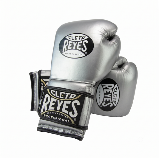 Cleto Reyes metallic silver boxing gloves pair with black and white branding