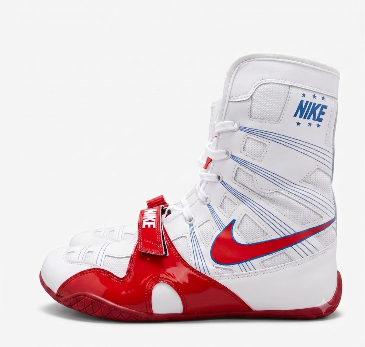 Nike Hyperko 1 high-top boxing shoe in white, red, and blue with red strap and red outsole detail