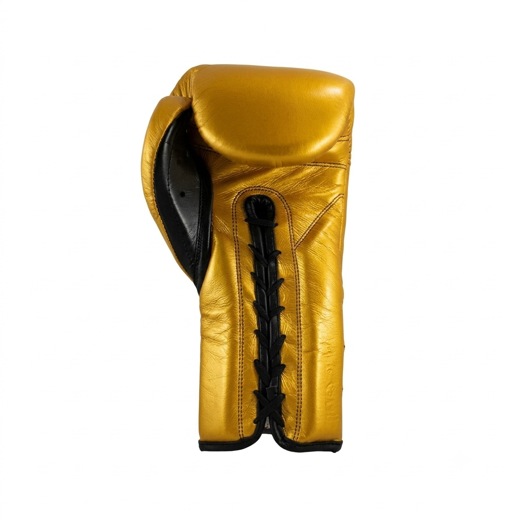 Single Cleto Reyes gold leather boxing glove with black laces and trim shown from the side