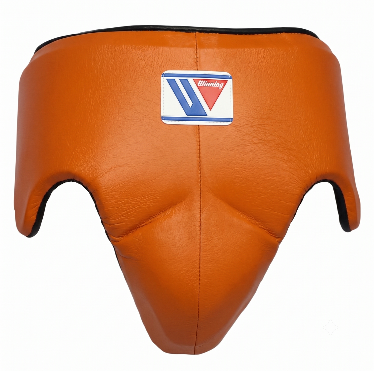 An orange leather boxing headguard with a white, blue, and red 'Winning' brand patch on the forehead, shown against a plain white background.