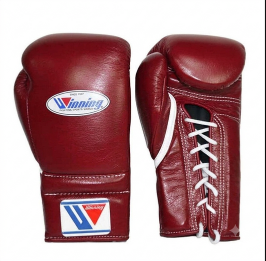 Winning dark red leather lace-up boxing training gloves from the 3-piece sparring set