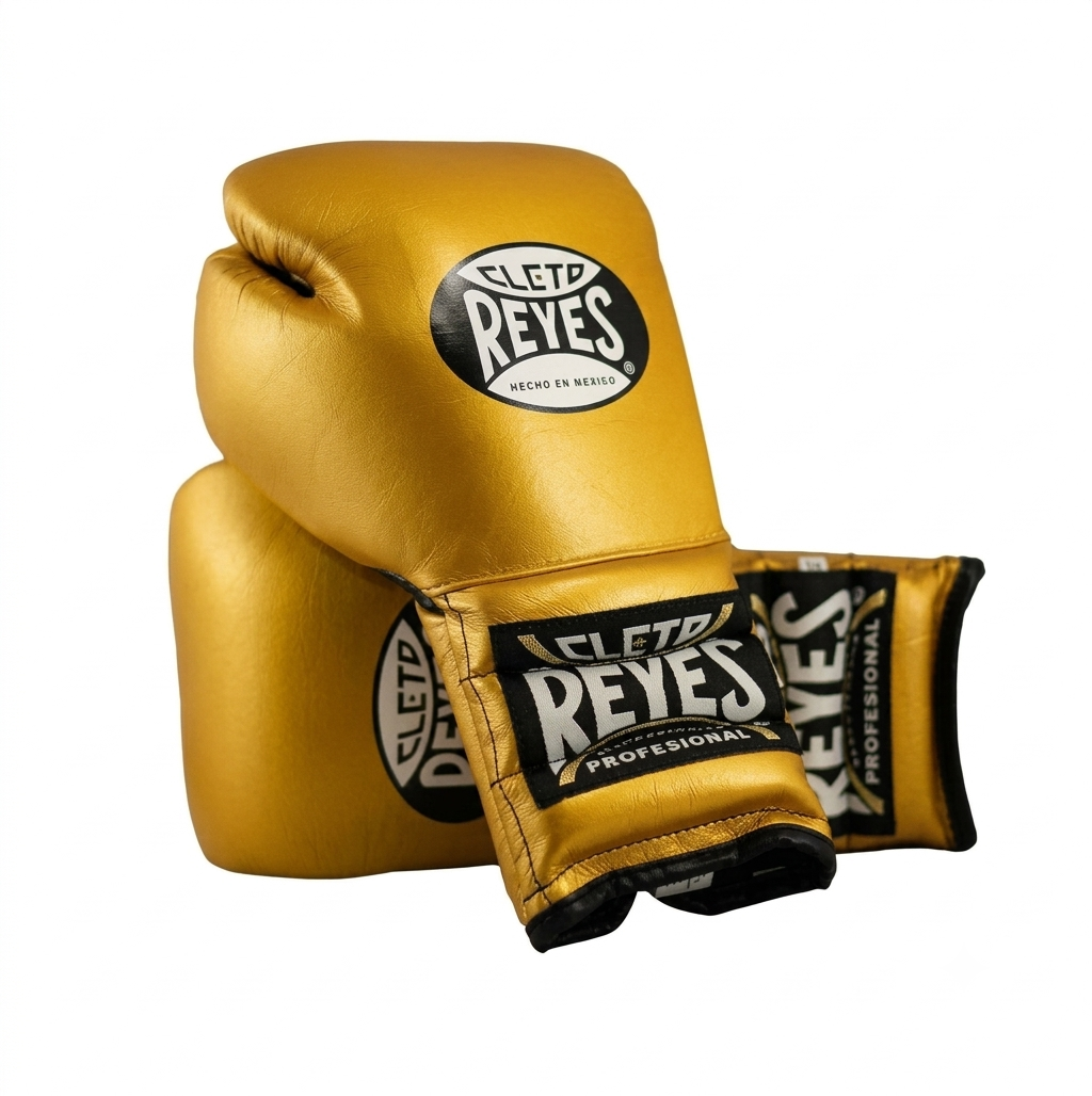 Cleto Reyes metallic gold boxing gloves pair with black and white brand patches