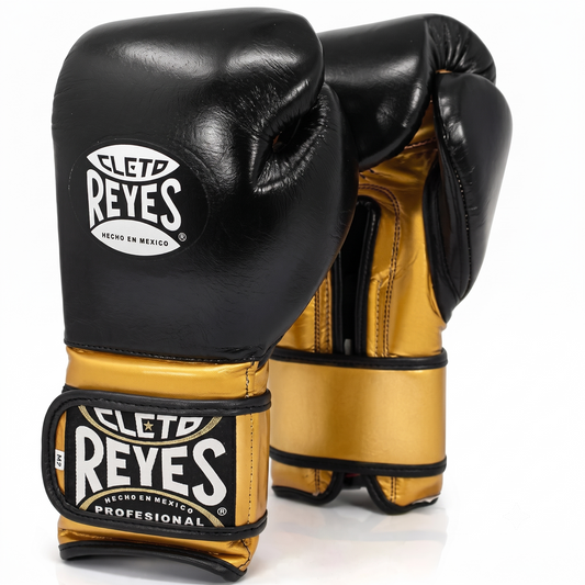 Cleto Reyes Black and Metallic Gold Velcro training boxing gloves pair