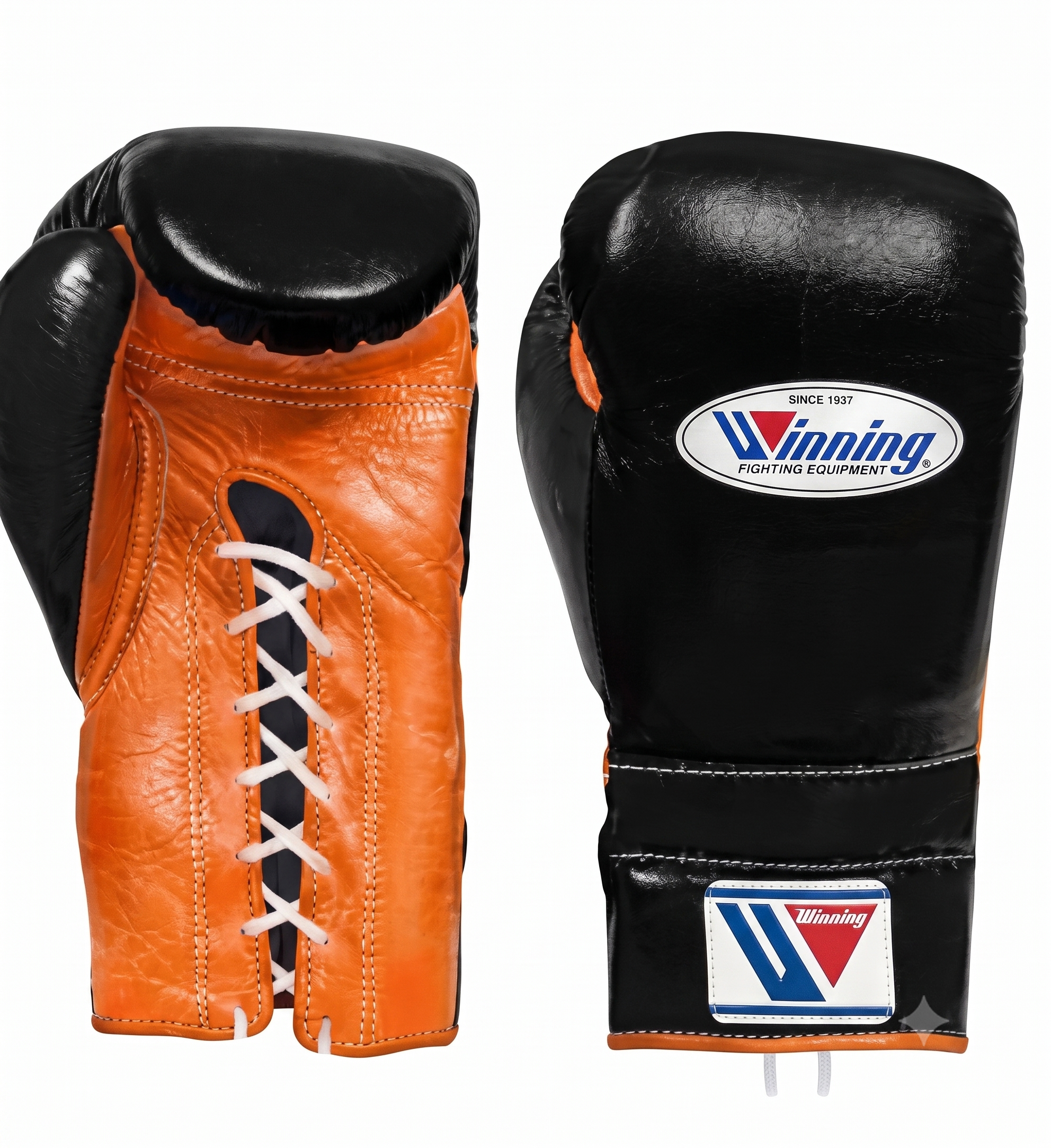 A pair of boxing gloves shown from the front and side against a plain white background. The gloves are black with a prominent orange leather lace-up front panel and white laces.