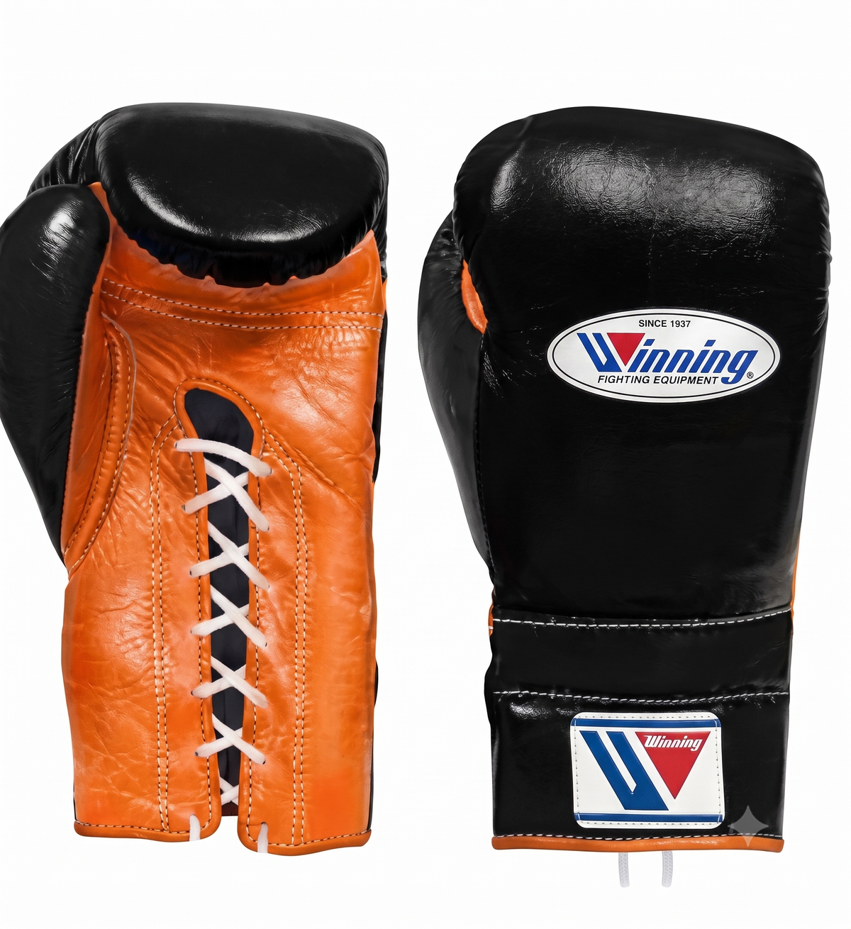 Winning orange and black leather lace-up boxing training gloves from the 3-piece sparring set