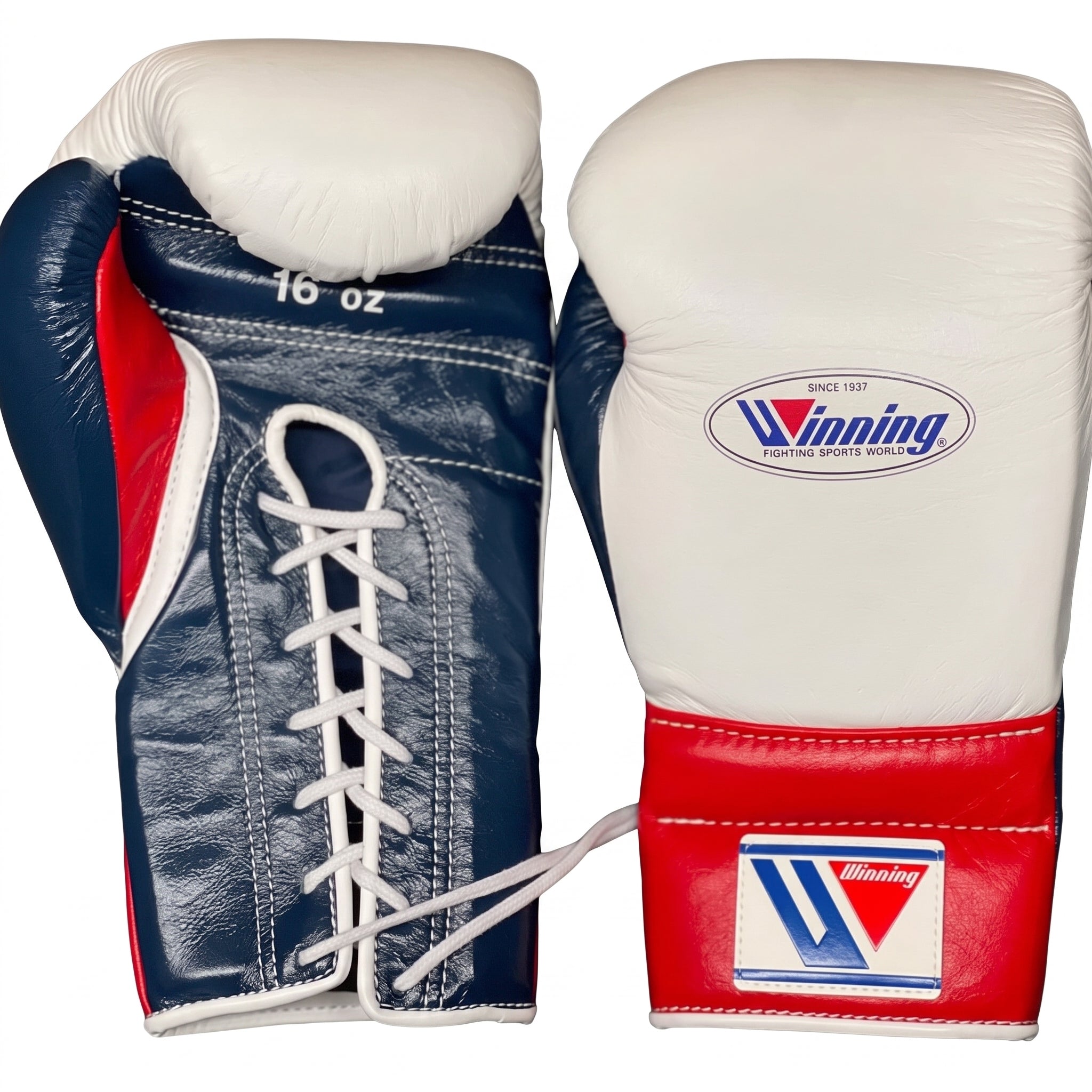 Winning MS-600 lace-up boxing gloves in white, red and blue, Japanese-made leather training gloves
