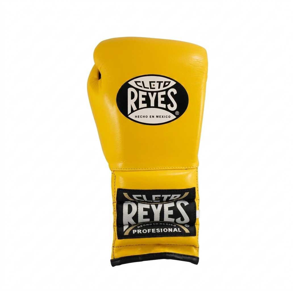 Single Cleto Reyes yellow leather boxing glove with black and white branding patches