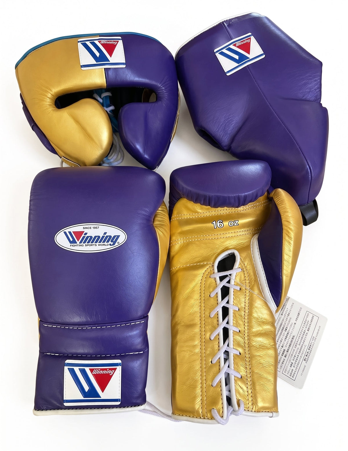 Winning Purple/Gold 3-piece boxing sparring set with lace-up gloves, FG-2900 headgear, and CPS-500 groin guard