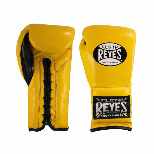 Cleto Reyes Yellow lace-up training boxing gloves pair front and side view