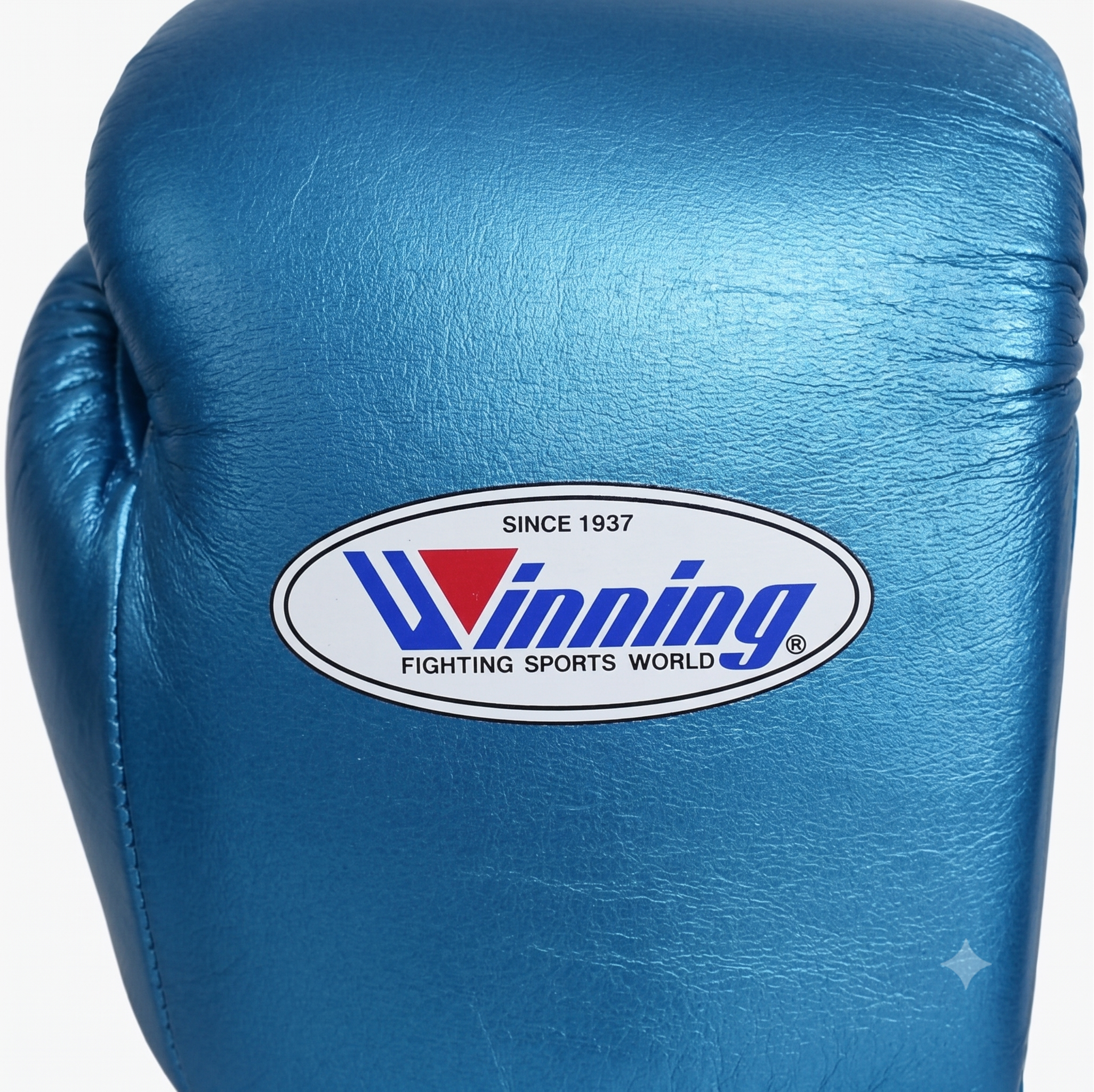 A close-up of a blue boxing glove featuring a white oval Winning Fighting Sports World logo on the front.