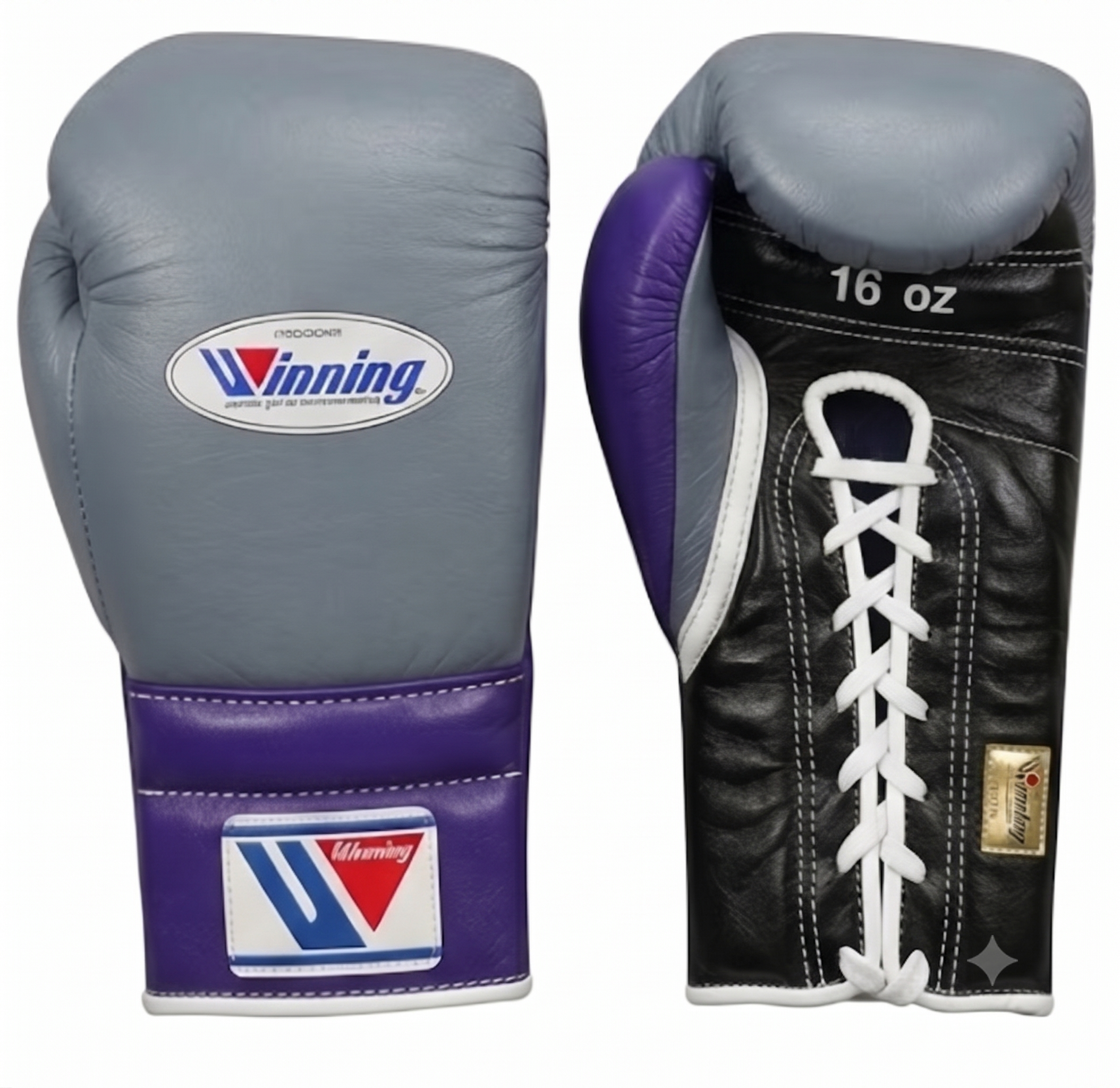 A pair of Winning brand boxing gloves shown from the front and back on a plain white background. The gloves are size 16 oz and feature a gray leather body with purple wrist wraps and heel counters, plus a black lace-up back panel with white laces.