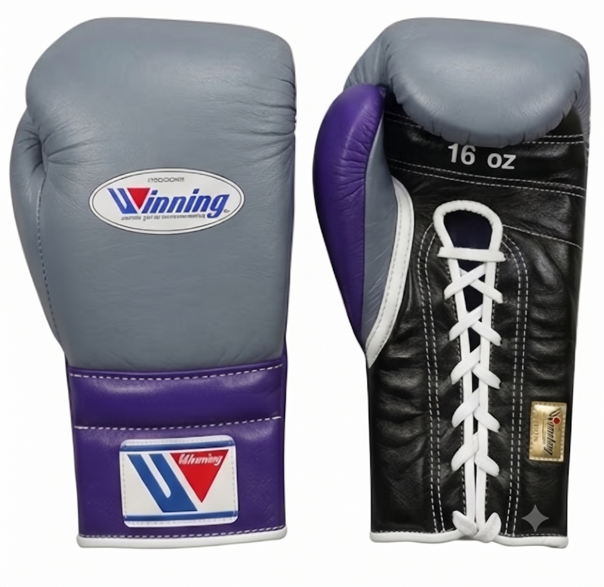 A pair of Winning brand boxing gloves shown from the front and back on a plain white background. The gloves are size 16 oz and feature a gray leather body with purple wrist wraps and heel counters, plus a black lace-up back panel with white laces.