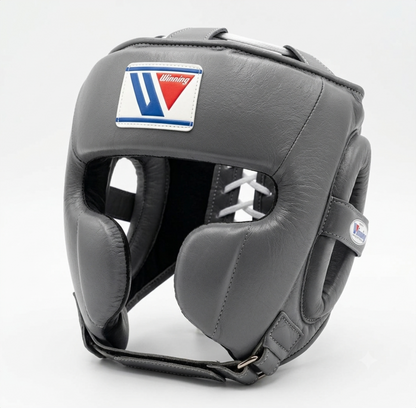 Winning gray leather boxing headgear with FG-2900 style cheek protection and brand logo patch