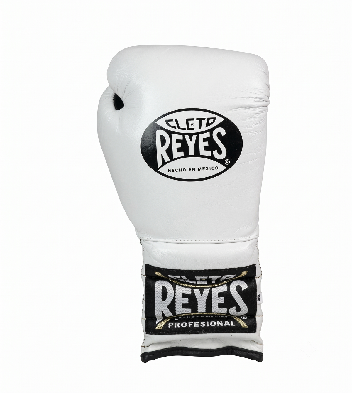 Single Cleto Reyes white leather boxing glove with black logo branding on knuckle and wrist strap