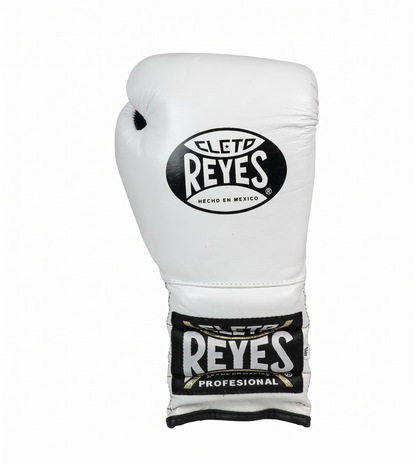 Single Cleto Reyes white leather boxing glove with black logo branding on knuckle and wrist strap