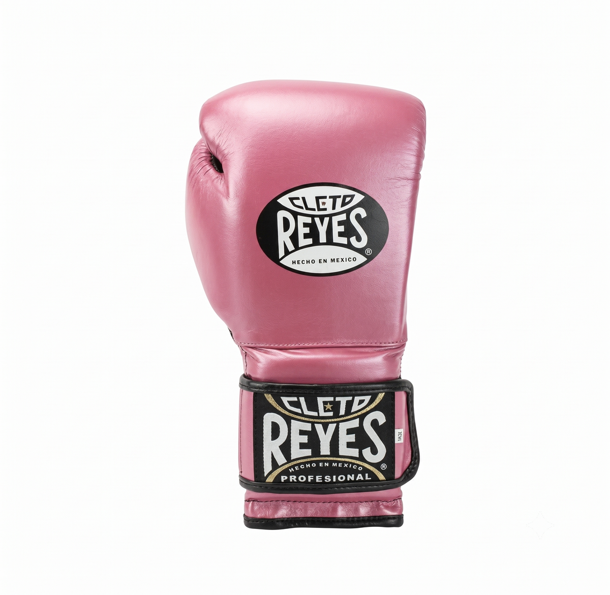 Single Cleto Reyes metallic pink leather boxing glove with brand logo on wrist strap