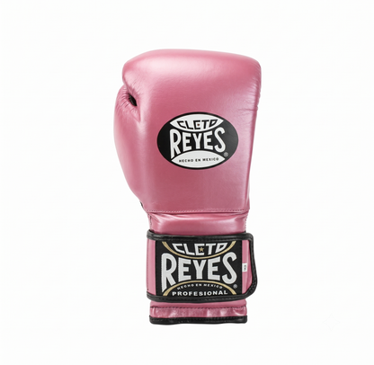 Single Cleto Reyes metallic pink leather boxing glove with brand logo on wrist strap
