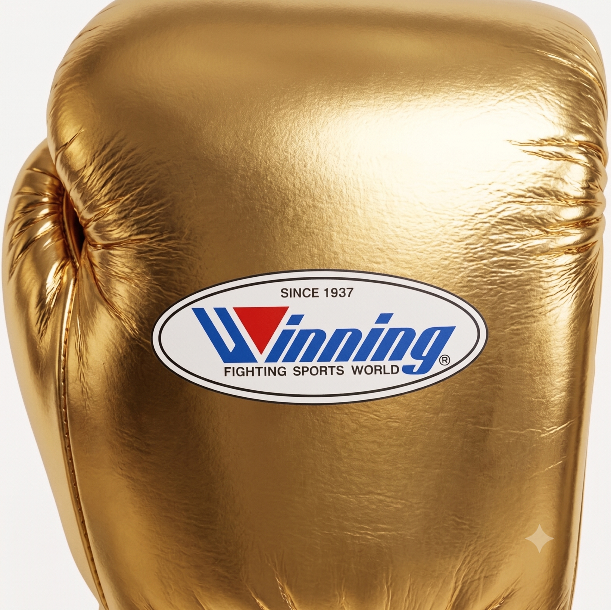 A close-up shot of a metallic gold leather boxing glove featuring a white oval logo in the center that reads "Winning FIGHTING SPORTS WORLD" in red and blue text.