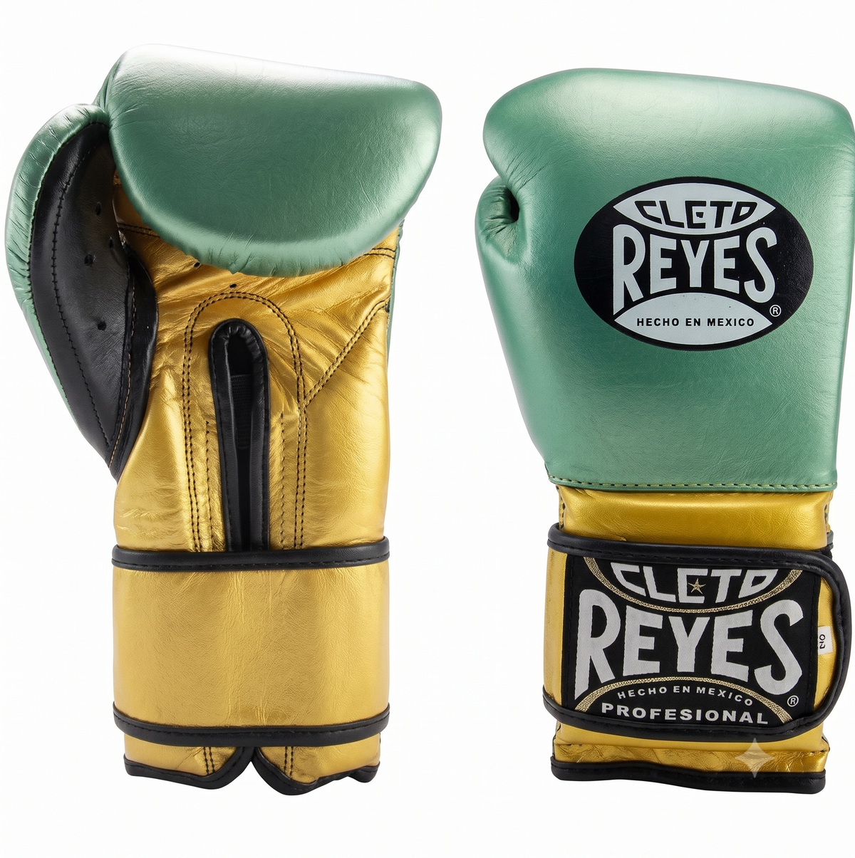 Cleto Reyes Metallic Green and Gold Velcro training boxing gloves front and back view