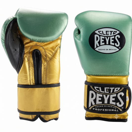 Cleto Reyes Metallic Green and Gold Velcro training boxing gloves front and back view