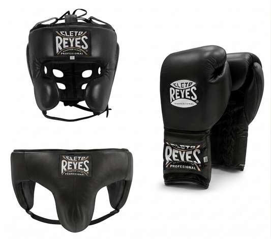 Classic black Cleto Reyes sparring package including boxing gloves, headguard and groinguard