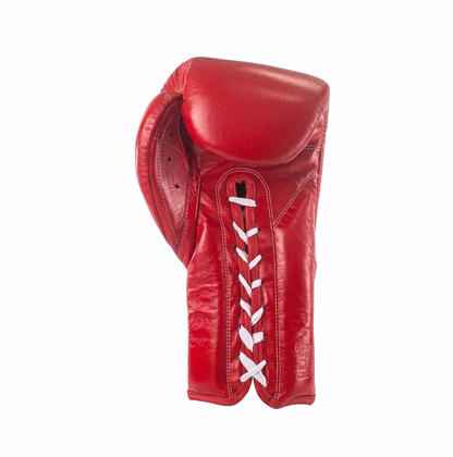 Cleto Reyes red leather boxing glove shown from the side with white laces