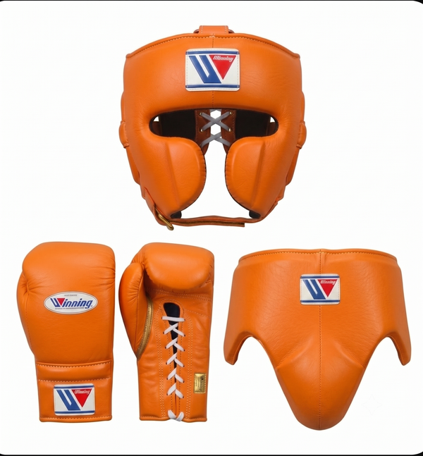 Winning 3-Piece Boxing Sparring Set Gold & Tan | 8oz-16oz Gloves, Headgear & Groin Guard